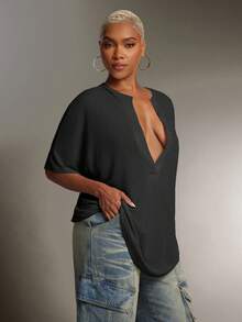 Denimoi 半透明深V领翻领宽松上衣 时尚街头风性感上衣 宽松Polo衫 - 深灰色 - 查看 4