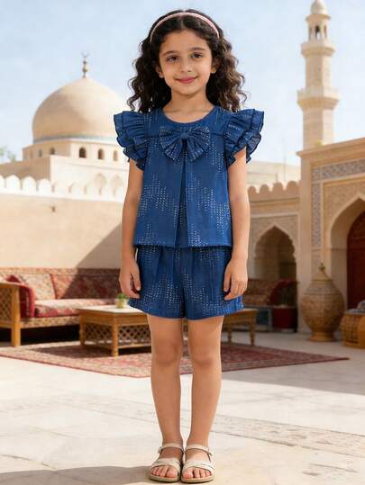 SHEIN Young Girl Bow Decor Ruffle Sleeve Top And Shorts Casual Set