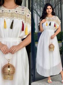 Al Najma Abito casual da donna con scollo rotondo, motivo floreale ricamato, design con laccio in vita e nappine, stile arabo per feste - Multicolore - Visualizzare 2