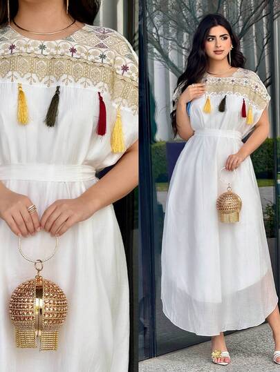 Al Najma Summer White Romantic Women's Round Neck Floral Embroidery Pattern Tassel Waist Tie Design Casual Party Arabic Style Dress Abaya Arabic-Style Long Kaftan Robe, Arabic Women's Dress, Turkish Dress, Abaya Robe, Traditional Women's Dress Arabic Style Long Dress Kaftan Jalabiya Dress Arabic Dress For Women Turkish Dress Abaya Dress Abaya For Women