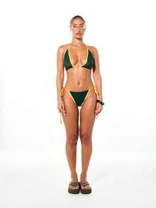 SUMWON WOMEN 女士钩针编织露背比基尼套装，绿色黄色三角上衣搭配系带泳裤，适合夏季海滩度假两件式泳装 - 綠色 - 查看 3