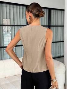 Lavishia 法式风格女士无袖背心，通勤装，金属大纽扣衬衫，夏季波西米亚机场风 - 駝色 - 查看 2