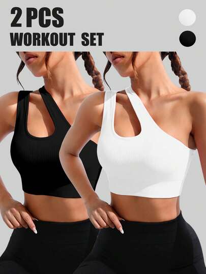 Slayform 2pcs Seamless Solid Color Ribbed Knit Sports Bra For Women, Medium Support One Shoulder Hollow Sports Bra