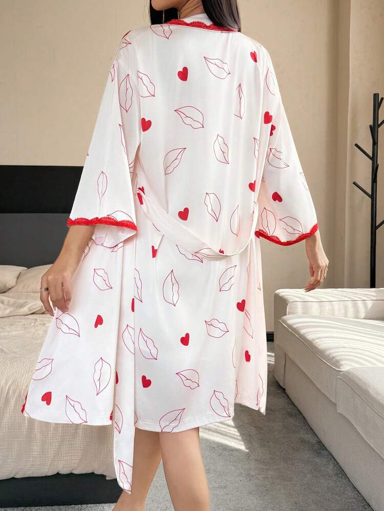 Women's Allover Print & Lace Patchwork Robe, Suitable For Spring And Summer