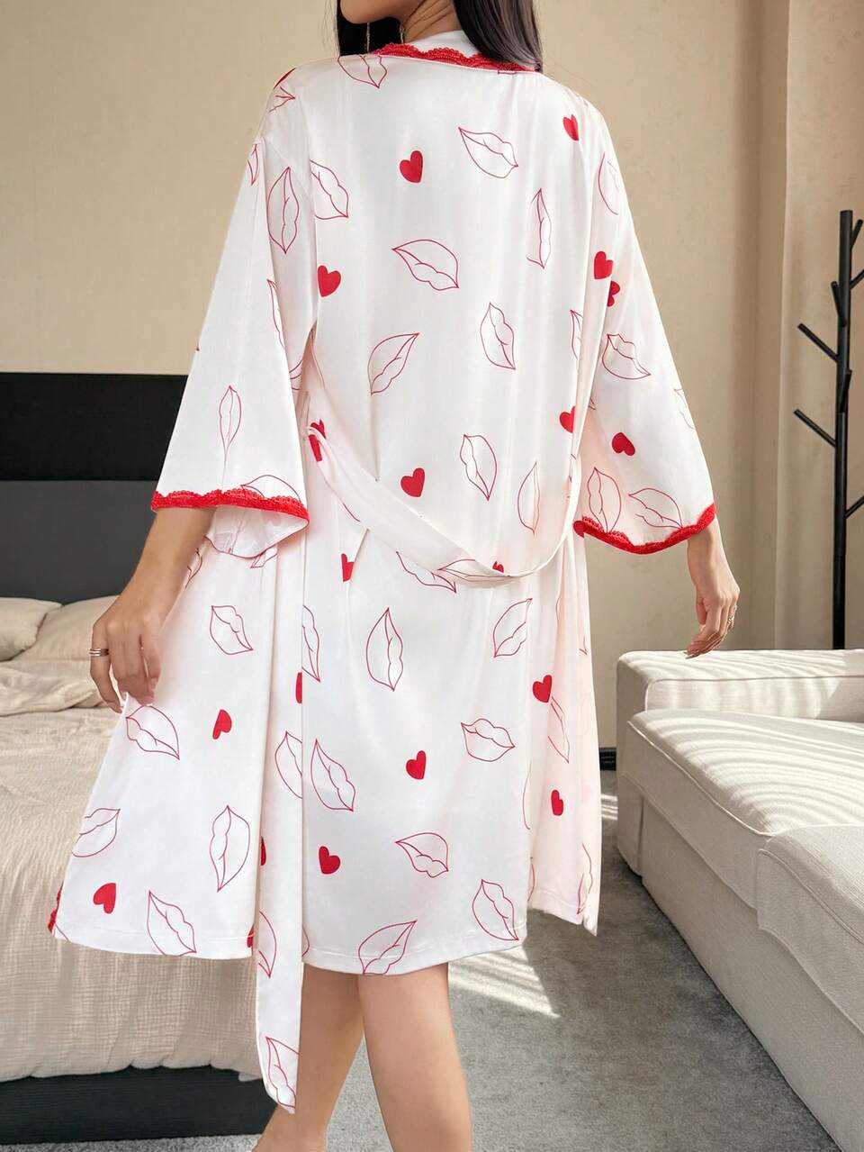 Women's Allover Print & Lace Patchwork Robe, Suitable For Spring And Summer