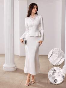 Modelyn 女士白色水钻褶裥长袖上衣和鱼尾裙两件套优雅宴会礼服 - 白色 - 查看 4