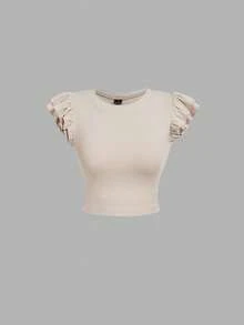 SHEIN MOD 2件装女士简约纯色荷叶边修身T恤，夏季 - 彩色 - 查看 3