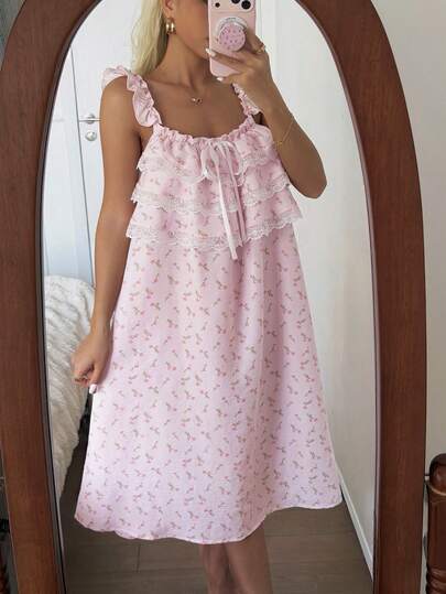 DAZY Sweet Floral Layered Lace Ruffle Trim Camisole Nightgown For Women