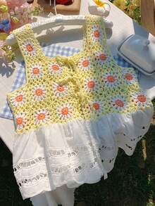 Comfortcana Multi-Color Crochet Floral Patchwork Ruffle Hem Front Tie Knit Vest - Multicolor - View 5