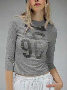 COUREZ Long Sleeve Jersey Top With Front Graphic Print /Y2K Long Sleeve Tops Going Out Tops Women Tops Winter Clothes For Women Blue Top Graphic Tees Women Cute Tops Summer Tops Summer Outfits - Grey - View 8