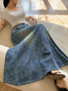 DAZY 女士休闲水洗碎花牛仔迷你裙，春夏款 - 中等水洗藍 - 查看 9