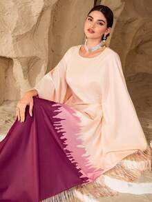 Al Najma Women's Ombre Casual Elegant Asymmetrical Tassel Batwing Sleeve Arabic Style Dress - Coral Pink - View 1
