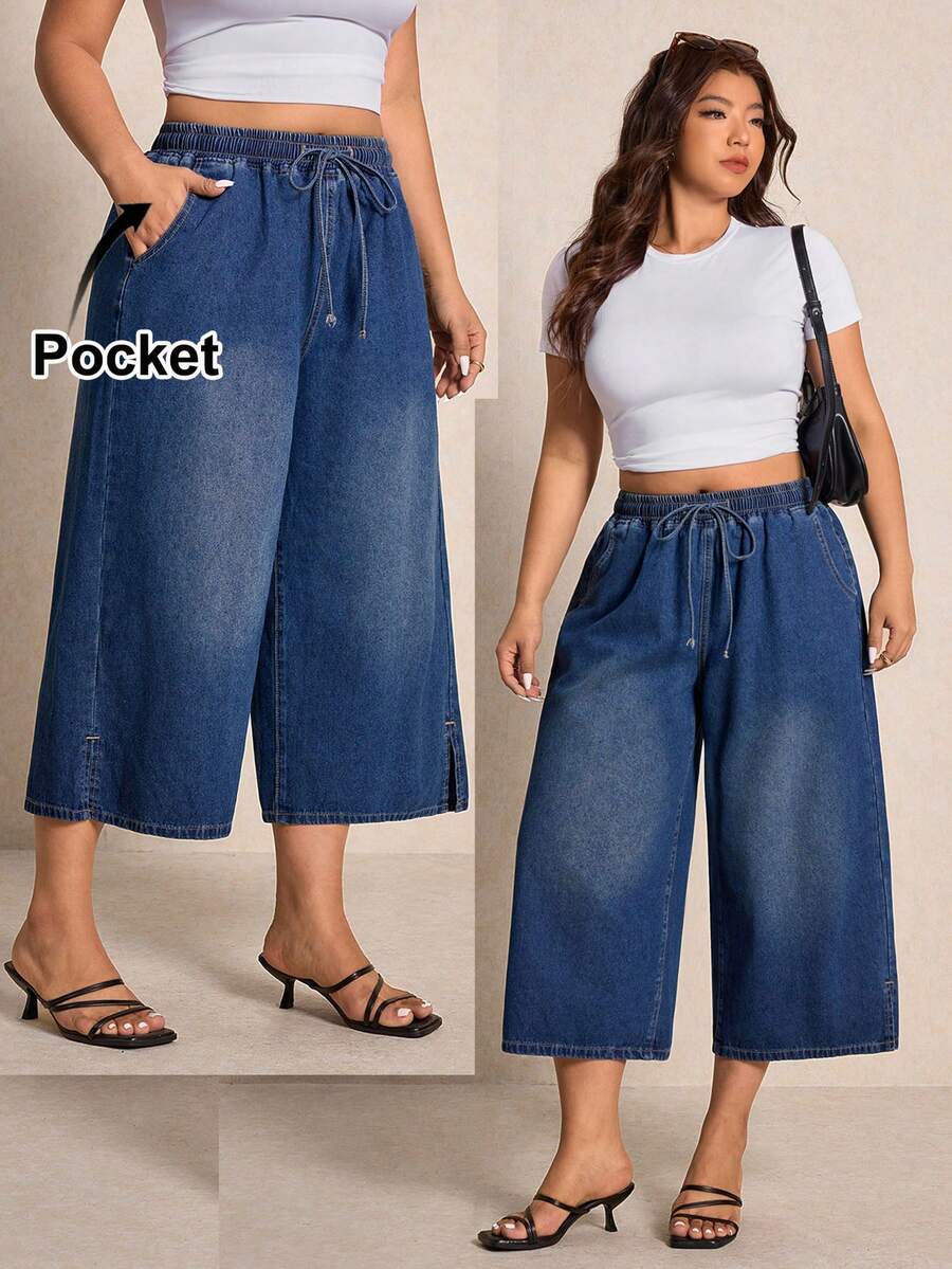 Elaquor Plus Size Casual Washed Drawstring Waist Wide Leg Jeans