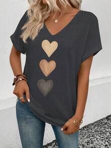 Selamara Women's V-Neck Turnover Cuff, Ombre Heart Print Casual Versatile T-Shirt, Spring/Summer - Dark Grey - View 6