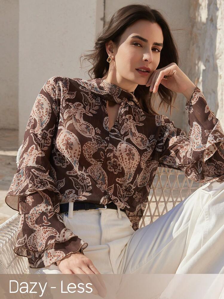 Women's Floral Print Ruffle Hem Long Sleeve Loose High Neck Tie Waist Casual Beach Vacation Commute Blouse, Spring & Summer Business Casual Woman Boho