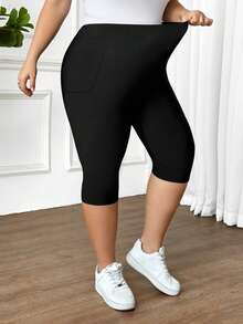 SHEIN CURVE+ 2 Stücke Leggings in Große Größen für Damen, schwarz, dehnbar, figurbetont, 7/8 Länge, hautfreundlich (mit Handytasche) - Schwarz - Übersicht 8