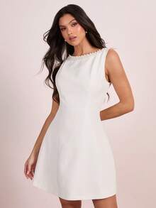 Enchnt Pearl Embellished Waist A-Line Elegant Evening Dress For Women - White - View 4