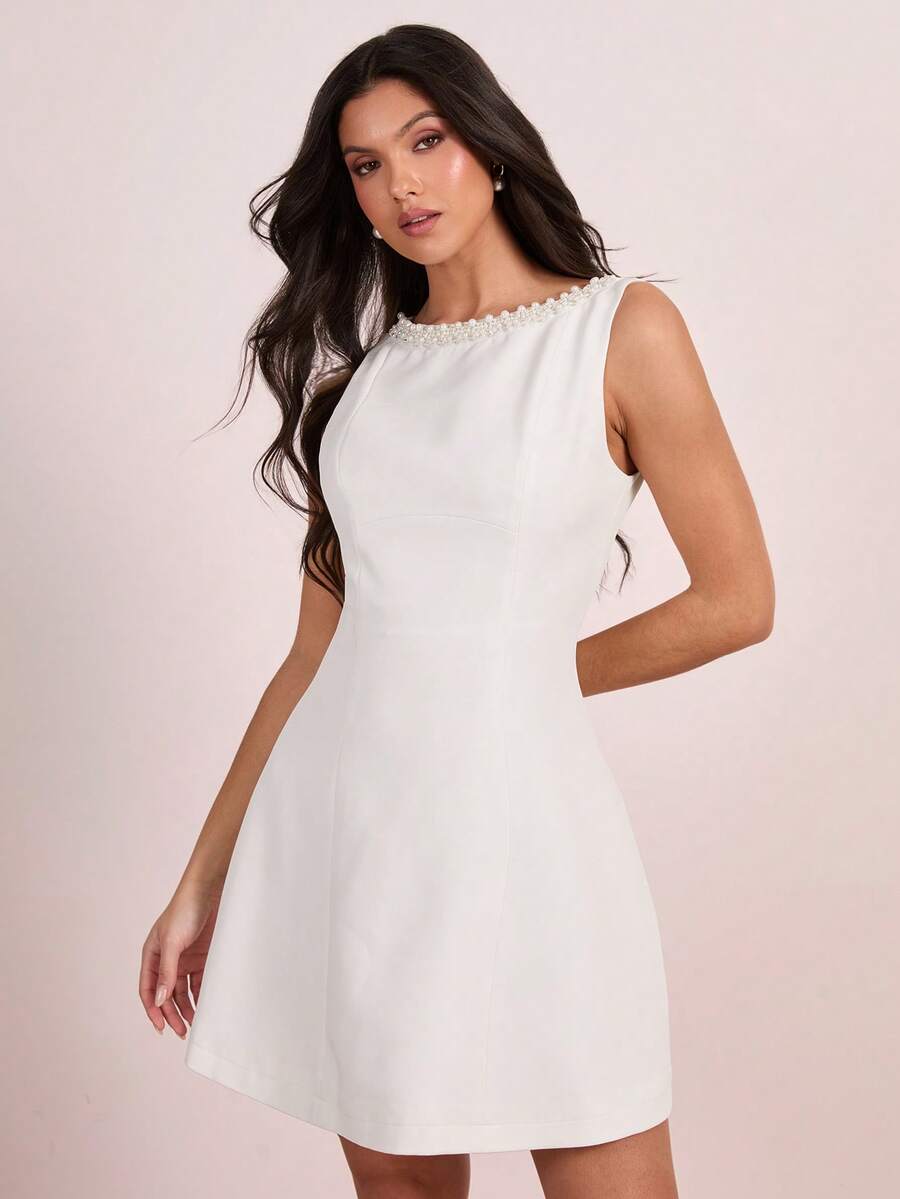 Enchnt 珍珠点缀腰身A字优雅晚礼服 - 白色 - 查看 1