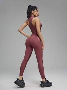 Innovista Women's Patchwork Fabric Half-Zip Front Racerback Breathable Shapewear Jumpsuit - Red Orange - View 3