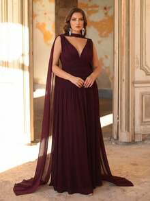 Aureia Saia Evasê A-Line Super Ampla com Decote V em Tule Brilhante Bordô, com Alça Destacável, Elegante em Plus Size, Adequada para Encontros, Festas de Solteiros, Casamentos, Eventos, Vestidos de Dama de Honra - Vermelho - Visão 4