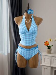 Swim Vcay Women's Tankini 2-Piece Swimwear Set, Plaid Print With Ruffle Trim, Halter Neck Tie Top And Drawstring Bottoms, Summer Beach Swimwear - Blue - View 6