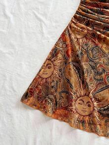 Soleia Vestido mini con volantes y estampado de cara de sol para vacaciones de mujer - Naranja - Ver 3