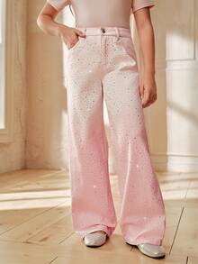 Anewsta Jeans rectos con efecto ombré rosa brillante y diamantes para niñas, primavera/verano - Rosa - Ver 3