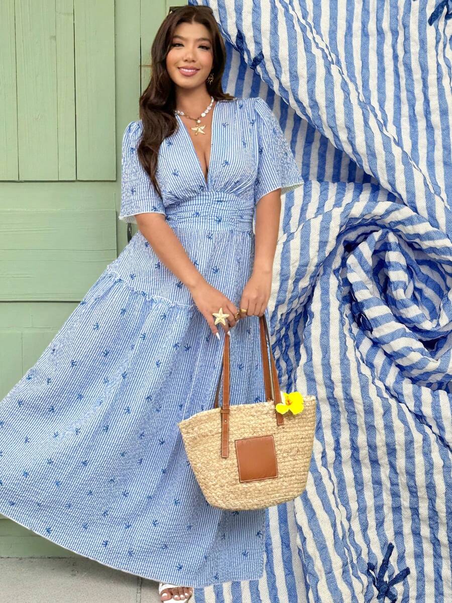 Vionelle 大码法式休闲条纹印花春夏常规连衣裙 - 藍白色 - 查看 1