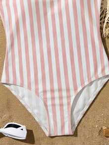 SHEIN 少女条纹吊带连体泳衣，适合夏季度假、海滩、泳池、节日派对 - 粉色 - 查看 5