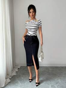 Selianne 女士优雅铅笔牛仔裙，带口袋和侧开衩 - 深色水洗藍 - 查看 5