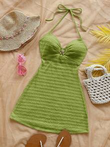 Soleia Robe mini texturée à col V sexy avec décoration en métal en forme d'étoile de mer, dos nu. Convient pour les vacances, les rendez-vous, le thé de l'après-midi, les vacances, les festivals de musique, le style bohème - Vert - Voir 3