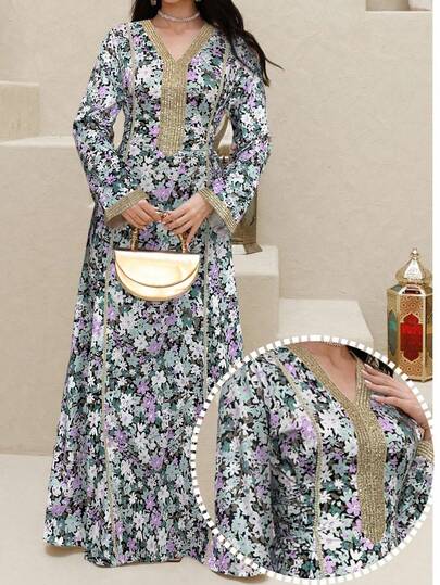 Al Najma Women's V-Neck Floral Print Abaya With Ribbon Trim