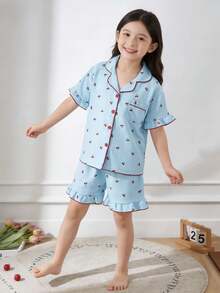 Genkimix Kids Summer Clothes  Tween Girls Pajamas Set, Comfortable & Fashionable Cherry Print Ruffle Trim Elegant Short Sleeve Shorts 2 Pieces Sleepwear - Baby Blue - View 5