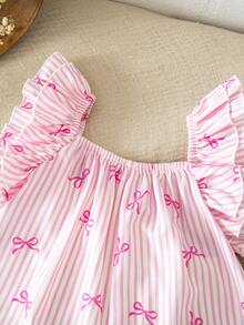 SHEIN 新生女宝宝可爱夏季休闲粉白条纹蝴蝶结连体衣 - 粉色 - 查看 4