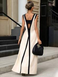 Editum Vestido sin mangas y sin espalda con bloques de color para vacaciones de verano - Blanco y Negro - Ver 3