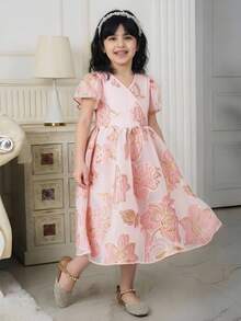 SHEIN Glamorique Kids 女婴优雅泡泡袖收腰花卉提花荷叶边连衣裙，正式场合着装 - 粉色 - 查看 2