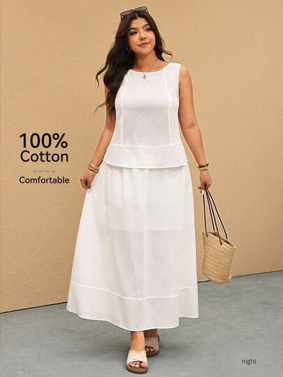 Elaquor Plus Size Women Solid Color Round Neck Sleeveless Top And Skirt Casual Daily Vacation Outfit Arabian Spring Outfit Women Spring Set For Women