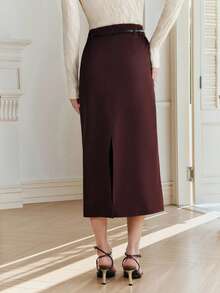 Anewsta Women's Elegant High Waist Bodycon Skirt, Minimalist Chic Office Wear - Coffee Brown - View 8