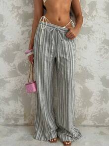 Glamine 女士条纹亚麻裤，休闲沙滩度假乡村宽松阔腿裤，优雅自然，夏季 - 綠色 - 查看 1