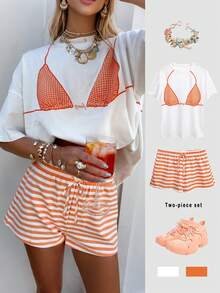 EMERY ROSE Bộ đồ hè hai mảnh này bao gồm một áo thun ngắn tay cổ tròn in họa tiết và quần short kẻ sọc, hoàn hảo cho những kỳ nghỉ thư giãn, mặc hàng ngày, hẹn hò hoặc đi biển. Đây cũng là một món quà tuyệt vời dành cho gia đình và bạn bè. - Nhiều màu - Xem 2