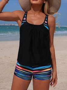 Swim Lushoire Women's Printed Front Ruched Thick Strap Tankini Swimwear 2 Pieces Set - Multicolor - View 8