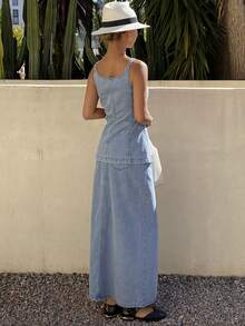 Livesso Spring & Summer Sleeveless Denim Vest Top, Casual Beach Vacation Style, Paired With Straight Cut High Slit Denim Skirt, Elegant Office/Commute 2-Piece Set For Women - Light Wash - View 4