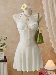 Bellisia 26SS 春夏沙滩度假特辑 印花米色钢圈褶皱蝴蝶结可爱泳衣裙 - 杏色 - 查看 5