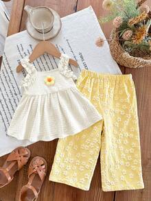 SHEIN 女婴可爱度假休闲黄色印花吊带背心和裤子套装 - 黃色 - 查看 2