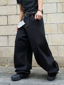 Manfinity EMRG Men's Casual Fashion Street Daily Commute Funny Print Contrast Stitch Loose Bootcut Jeans - Black - View 4