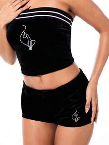 BABYPHAT Pantalones cortos de terciopelo para mujer con estampado de texto, pantalones cortos negros mini sexy, ropa interior de moda linda - Negro - Ver 5