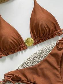 Swim Vcay Springbreak Women's Solid Color Spaghetti Strap Metal Shell Decor Side Tie Minimalist Bikini Set, Summer - Brown - View 4