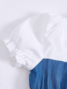 SHEIN 少女夏季休闲日常通勤泡泡袖蝴蝶结装饰二合一荷叶边上衣和阔腿裤套装 - 藍色 - 查看 5