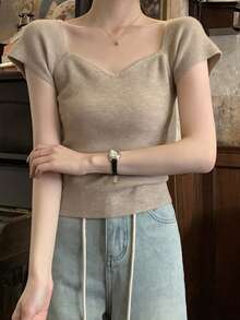 DAZY French Retro Short Sleeve Fitted Chic Cropped Women Knit Top, Summer - Khaki - View 7
