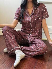SHEIN 女士休闲格子星形印花翻领开衫和裤子睡衣套装 - 咖啡棕 - 查看 4